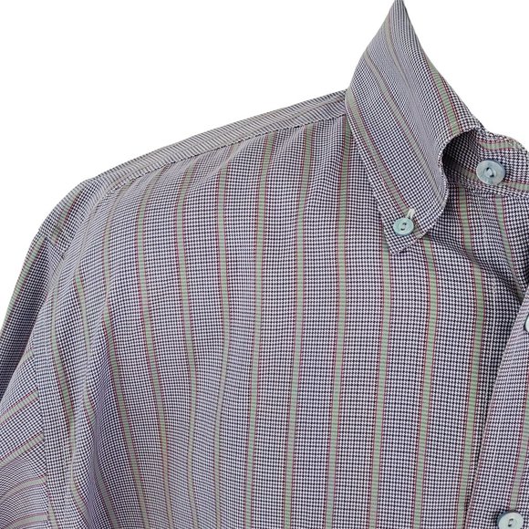 Bugatchi Shirt Men's M Blue Striped Houndstooth Button Pocket Drop Tail Cotton - Picture 13 of 15